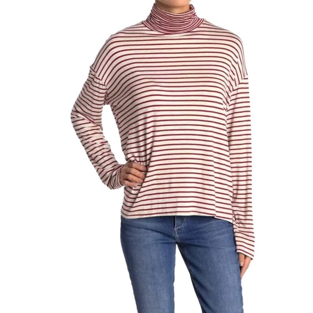 PROJECT SOCIAL T PST Knit Turtleneck Top Long Sleeve Burgundy\Oatmeal Stripe L